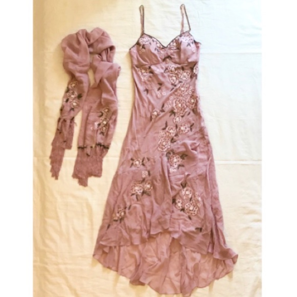 Sue Wong 100% Silk Slip Dress & Shawl Set Pink